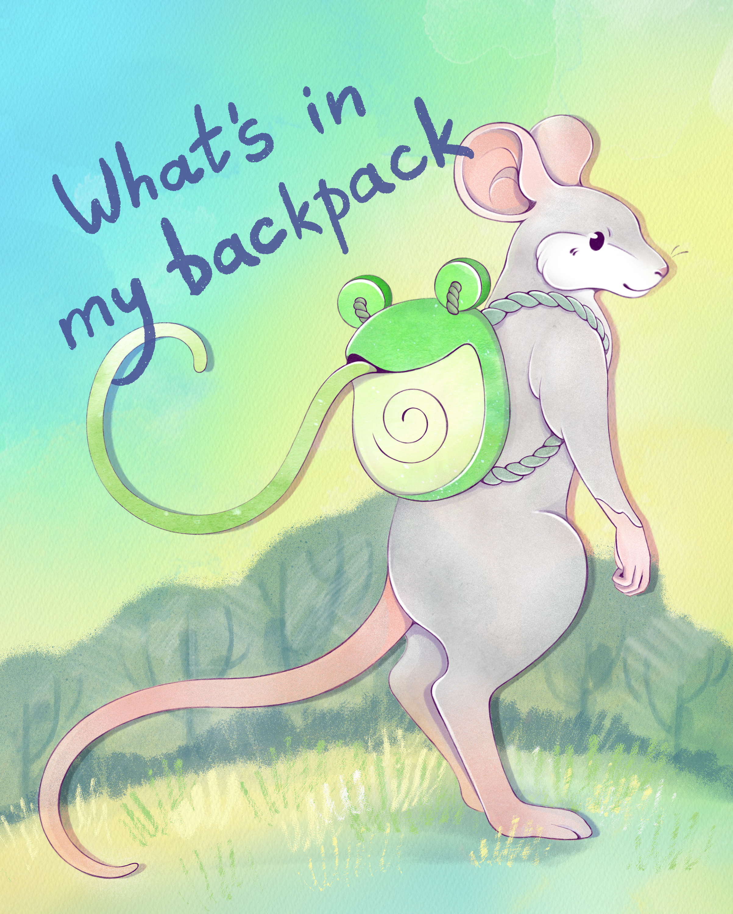 A little grey mouse stands in a sunny meadow wearing a green frog backpack. Handwritten text asks: What's in my backpack.